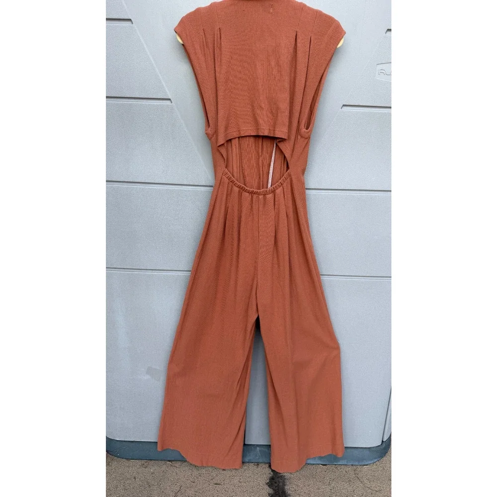 Free People FP Beach Shasta One Piece Wide Leg Jumpsuit Copper S Button Front